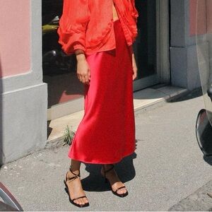 Zara Satin Midi Skirt Dark Red